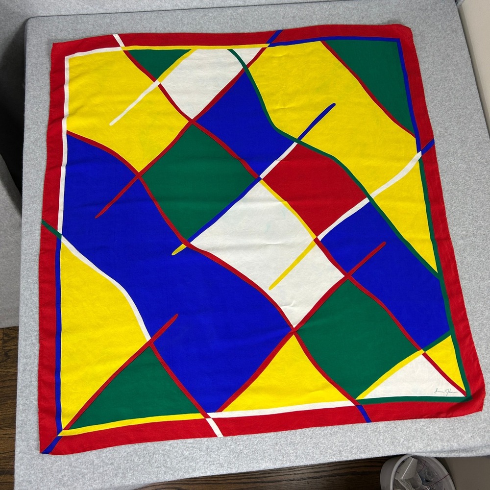 Ginnie‎ Johansen Vintage 32" Square Silk Scarf Geometric Abstract Primary Colors
